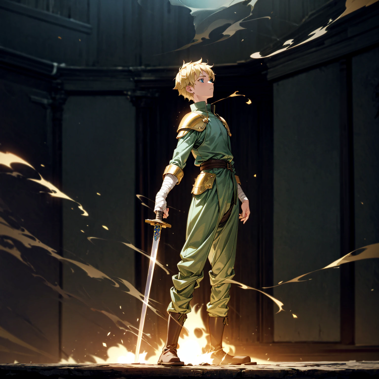 1boy, Full body version, 1character, blue eyes, sad eyes, short haircut, blonde color hair, bandage on head, soldier style outfit, big armors, black Boots, Grassroots, full background indoor building, motion blur, (one piece style art), standing gesture, sword lighting gold in hand, fire effect on sword, smoke effect, fire effect in background, plasma effect, light fire, (high angle view, hd, masterpiece)