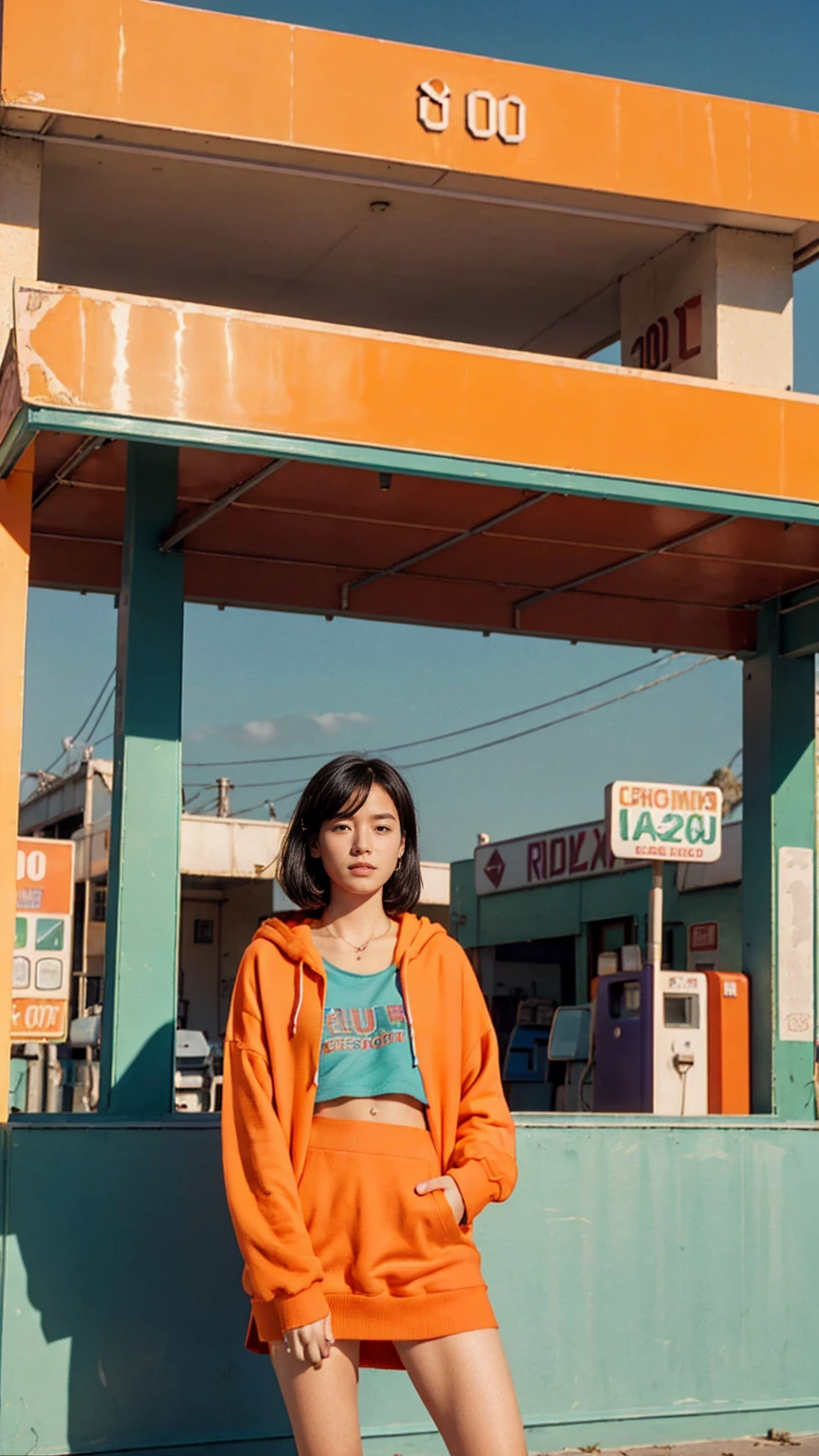 8K photo cinematic photograph long shot portraits by Wes Anderson, cute 23 yo girl ,fokus, bokeh ,wear ((orange color oversized_hoodie)), wear ((purple tennis skirt)),looking front,Best Quality,Masterpiece,Ultra High Resolution,(Realisticity:1.4),Original Photo, 1Girl, light leak,ultra high resolution,UHD,beautiful, (black bob hair), almond eye, no makeup, in front of ((80's red blue green gas station)), (realistic:1.2), (surreal:1.3), (very detailed:1.1), ((masterpiece)),summer, blue sky, palm trees,sunny, los angles vibes,film camera, 800mm lens,style of Philip Lorca diCorcia