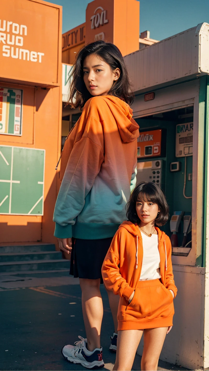 8K photo cinematic photograph long shot portraits by Wes Anderson, cute 23 yo girl ,fokus, bokeh ,wear ((orange color oversized_hoodie)), wear ((purple tennis skirt)),looking front,Best Quality,Masterpiece,Ultra High Resolution,(Realisticity:1.4),Original Photo, 1Girl, light leak,ultra high resolution,UHD,beautiful, (black bob hair), almond eye, no makeup, in front of ((80's red blue green gas station)), (realistic:1.2), (surreal:1.3), (very detailed:1.1), ((masterpiece)),summer, blue sky, palm trees,sunny, los angles vibes,film camera, 800mm lens,style of Philip Lorca diCorcia