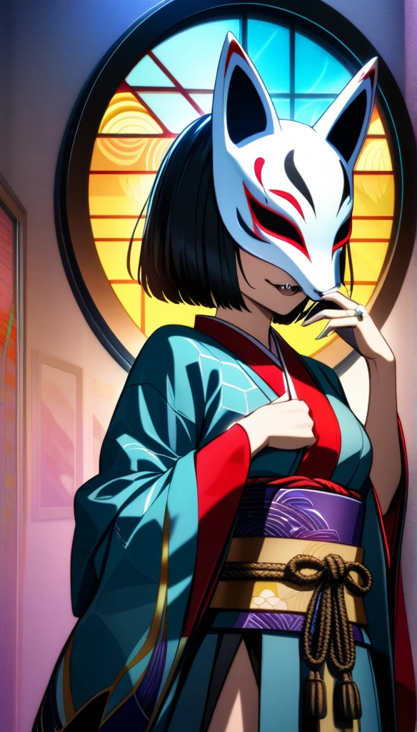 32k, best quality, ultra high res, HDR, UHD, extremely detailed CG, unity 32k wallpaper, a colorful Japanese animation style of a woman with short hair holding a half-removed fox mask in her hand. The skull mask is golden and designed to cover the upper half of her face. She is dressed in a kimono with cyberpunk elements integrated into the design. Her right hand is near her mouth, with two rings attached to chains on her fingers. She has a mischievous smile, revealing fangs. The background features a stained glass pattern with traditional Japanese motifs.