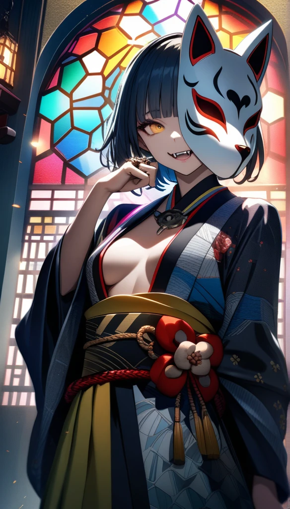 32k, best quality, ultra high res, HDR, UHD, extremely detailed CG, unity 32k wallpaper, a colorful Japanese animation style of a woman with short hair holding a half-removed fox mask in her hand. The skull mask is golden and designed to cover the upper half of her face. She is dressed in a kimono with cyberpunk elements integrated into the design. Her right hand is near her mouth, with two rings attached to chains on her fingers. She has a mischievous smile, revealing fangs. The background features a stained glass pattern with traditional Japanese motifs.