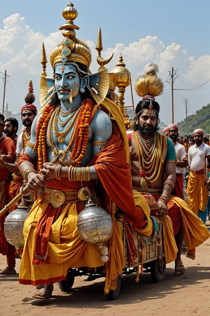 To create an image of a Kanwar Yatra where a Kanwar is traveling and there are some Shiva elements, you can provide the following prompt in English:
"Create an image of a Kanwar Yatra where a Kanwariya is carrying a decorated Kanwar and traveling. Include elements like Lord Shiva's trident (Trishul), a damru (small drum), and a Shivling (symbol of Shiva). The scene should be vibrant and festive with a spiritual atmosphere."