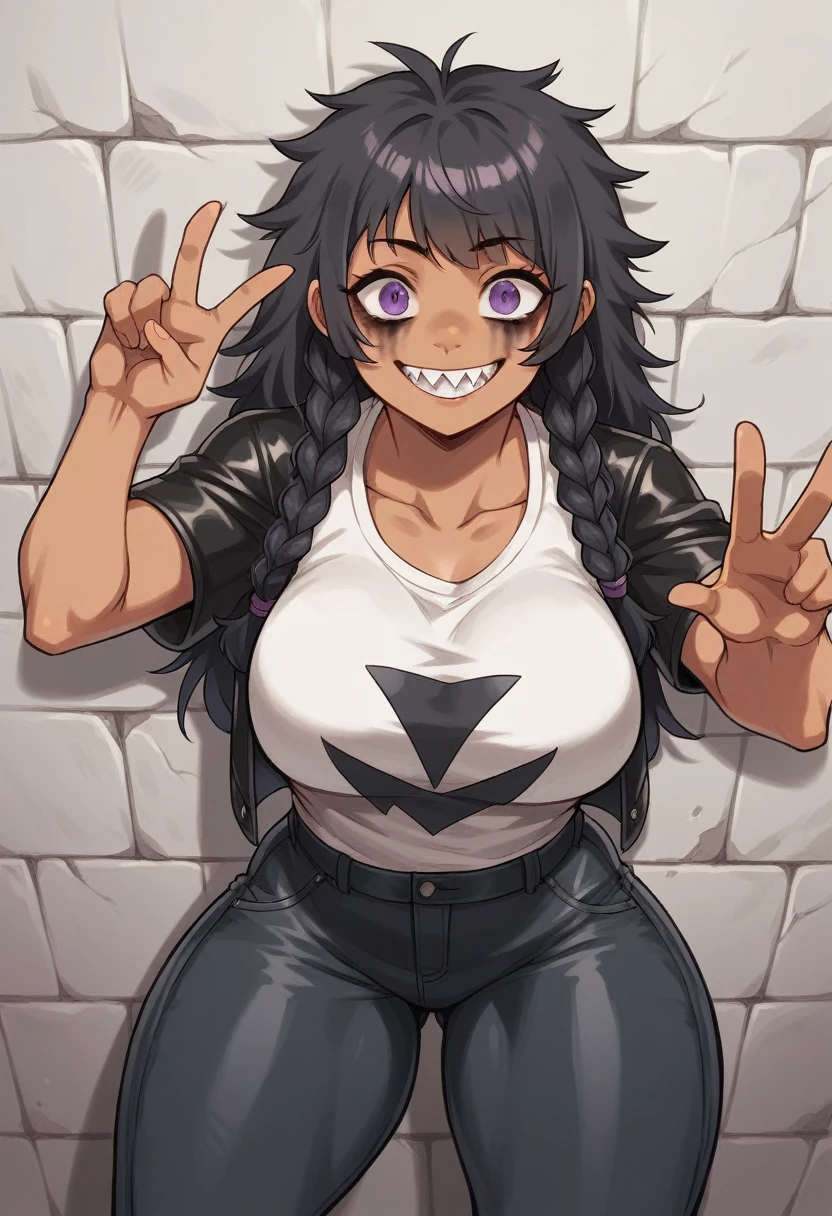 A woman, tanned skin, a hairstyle with two long braids that fall over her shoulders, with straight bangs that cover his forehead, very messy hair, messy from above, black hair,rebellious expression, big and happy eyes, purple eyes, small nose, big breasts, Skinny body, thick thighs, rock makeup, Shark teeth, leather jacket, black t-shirt, black worn pants, black outline, sticking out the finger, rock sign, leaning on a wall, 