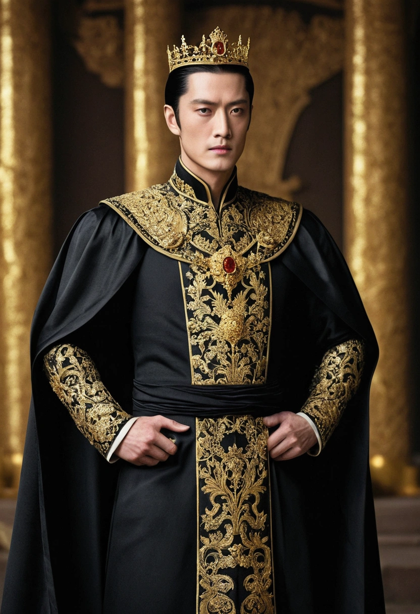 The Emperor was still very young with a cold and intimidating gaze, very handsome and charming, dressed in rich black and gold elegant clothes,