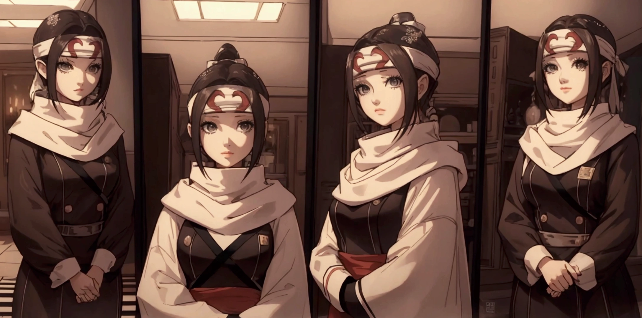 masterpiece), best quality, high resolution 3girl bob cut medium hair standing alone cowl headband profile image looking at viewer beautiful eyes beautiful face extremely detailed