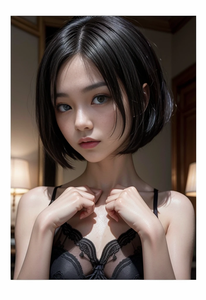Surreal、A masterpiece of delicate and detailed line drawing、Highest quality、Highest quality、(One Woman、、(Big Breasts:1.3), (Big Ass:1.3)、(Black Hair、Hime cut, short hair:1.2)、(Natural Makeup、Eyelash extensions、Draw eyelashes sharply、Eyebrows are thin and short、Deep orange blush:1.1)、(Spaced out、Looks sleepy、Open your mouth、Slightly red cheeks:1.2)、(Simple black hair accessories、lingerie:1.3))、Dark Rose Gardens、Purple Rose、(Blur the background:1.3)、(Top view of the subject:1.1)、Photo from thigh up