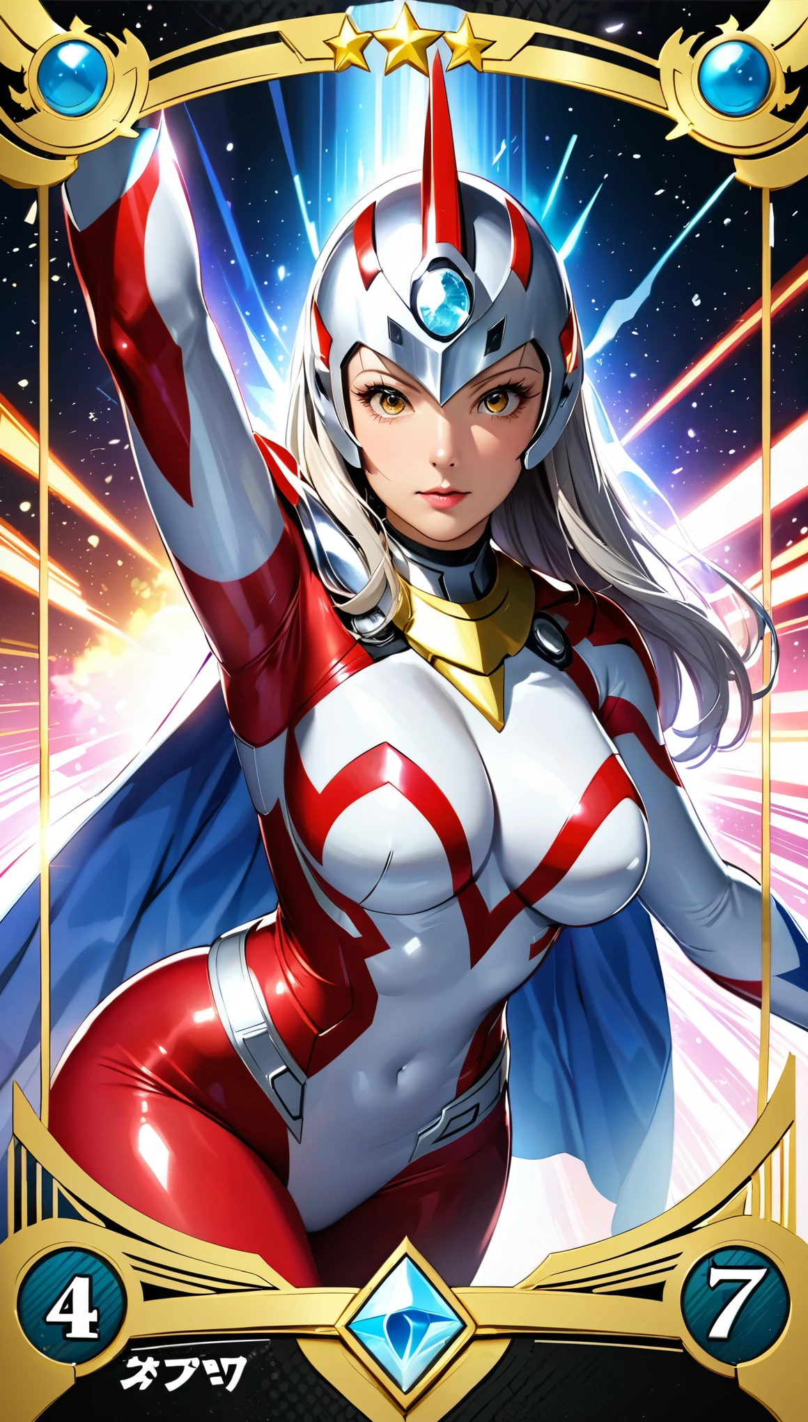 (masterpiece:1.2,Highest quality,Highest quality,High resolution,Very detailed),8k,1 female,Mature female heroine,40 years old,Woman transforming into Ultraman, (Dynamic Makeover:1.2),(Dynamic hair movement:1.2),(short hair),(Shiny Ultraman uniform),(Glowing Skin,Big eyes,Droopy eyes,Long eyelashes,Beautiful thighs,Beautiful Hair,Beautiful Face,Beautiful Eyes,Beautiful body,Beautiful breasts,Beautiful feet,Beautiful fingers),break((Ultraman)),((Ultraman_rise:1.5)),((hand)),(Raise your right fist straight up),(右handはパンチ),(Extend your right arm straight),((Detailed drawing of a fist),(Severe),(The background is a glowing prism flash),((Wrapped in dazzling light)),((Beautiful trading cards,Gold Card))