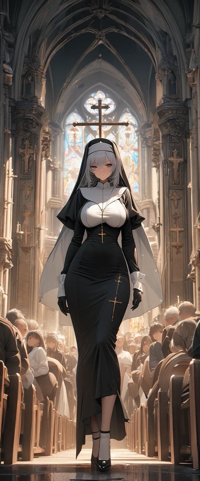 nun,Full breasts,church,cross,8K,Super Fine,Surrealism,masterpiece,high quality,Rich details