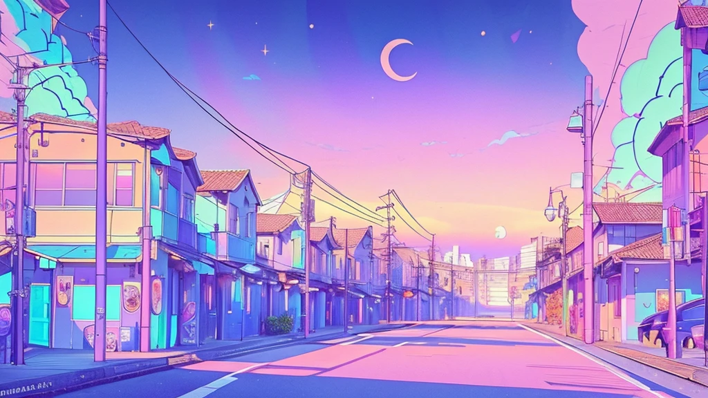 (masterpiece, best quality, ultra-detailed, highres), no humans, scenery, outdoors, sky, building, crescent moon, moon, sign, power lines, cloud, lamppost, utility pole, city, window, road sign, purple sky, pink sky, cityscape