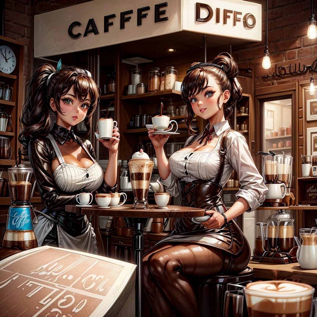 Barista Waitress beauty doll on top, vintage coffee cup, futuristic coffee shop in background