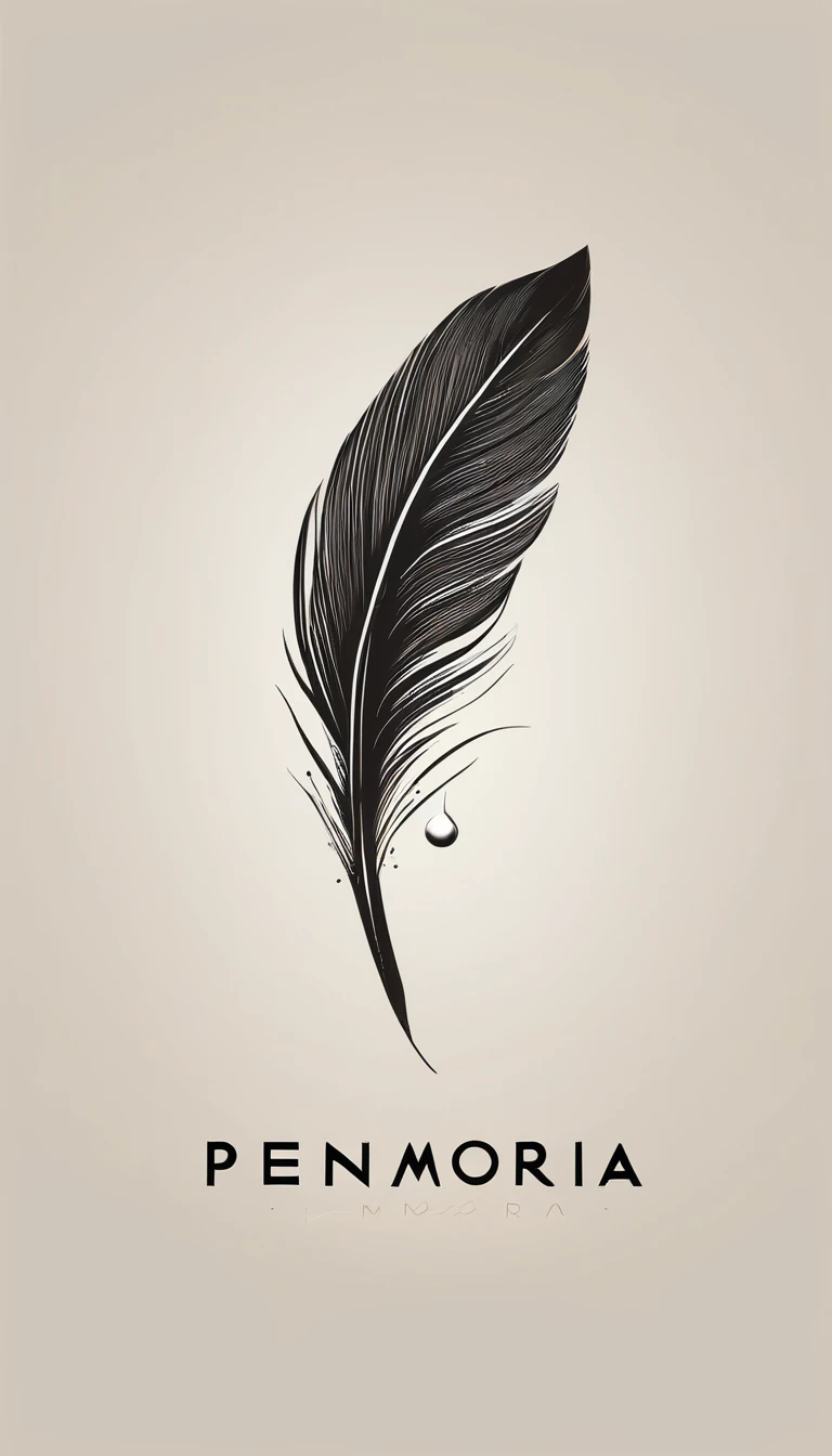 A minimal, modern, simple, cinematic logotype for the brand “Penamemoria". The logotype must be a simple, magical feather. The logo must convey a sense of music, stories and dreams. Logo design impressed on a book cover. Minimalistic logo
