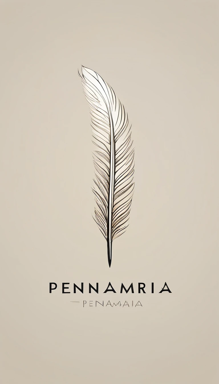 A minimal, modern, simple, cinematic logotype for the brand “Penamemoria". The logotype must be a simple, magical feather. The logo must convey a sense of music, stories and dreams. Logo design impressed on a book cover. Minimalistic logo
