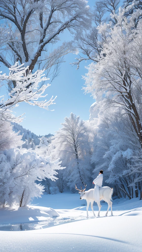 The ice and snow deer that entered with ease, The pure white body was aware of a wonderland of ice and snow., Yan Jun turned into the wind., Breathing white air into the transparent air, and ethereal trees combine to form a dreamy scene., High quality CG shows beautiful images., Yue Xiaofei&#39;s character design is perfect and exquisite., The curves are amazing., And the whole scene is like a distant world under the depth-of-field effect..