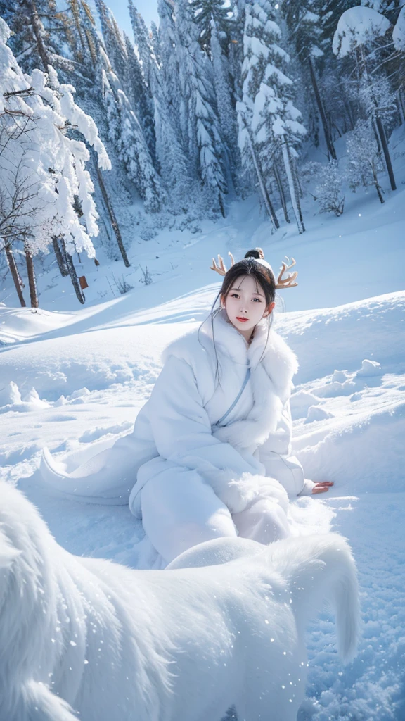 The ice and snow deer that entered with ease, The pure white body was aware of a wonderland of ice and snow., Yan Jun turned into the wind., Breathing white air into the transparent air, and ethereal trees combine to form a dreamy scene., High quality CG shows beautiful images., Yue Xiaofei's character design is perfect and exquisite., The curves are amazing., And the whole scene is like a distant world under the depth-of-field effect..