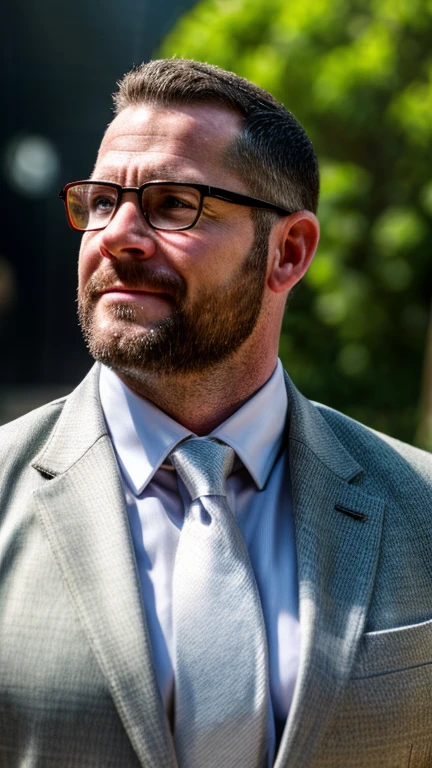 An award-winning original photo，A wild muscular man, (40 years old daddy:1.1), 1boy, Solo, (black suit), (white dress shirt), (red print necktie), black trouser, (big shoulders), musculature, stubbles, Short beard, (Detailed body), wearing glasses, slight smirk, Dynamic Angle, volumetric lighting, (Best quality, A high resolution, Photorealistic), Cinematic lighting, Masterpiece, RAW photo, Intricate details, hdr, depth of field, upper body shot, (realistic:1.2)