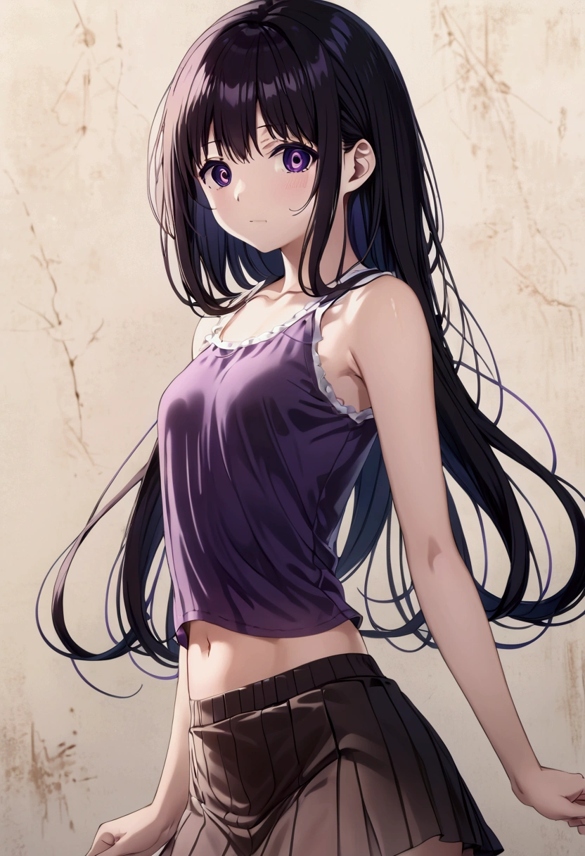 (Highest quality)), ((masterpiece)), ((Ultra-detailed)), (Very delicate and beautiful),nsfw,(anime artwork:1.5),(oto adashino),chalkboard,(classroom),sleeveless,small breasts,breast focus,erection of nipple,teenage girl((small breasts,purple eyes,black hair,long hair,slender,Black short skirt,fluttering hair,see-through white navel tank top)),(Lift up the skirt:1.4),(white panties visible:1.3),(cameltoe:1.2),(love juice:0.7), (frown:1.2),(angry:1.2),contemptuous,disdain,(hate:1.3),looking down,elegant,active angle,dynamism pose,from below,official art,8K,