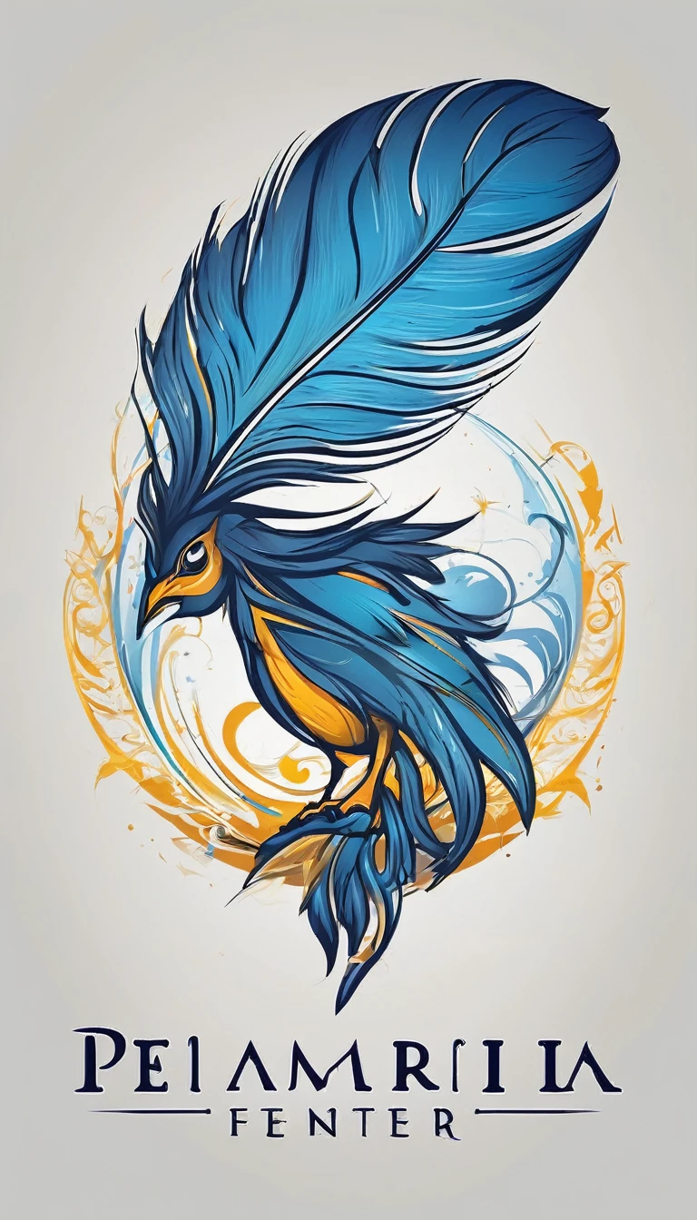 Create a minimalistic, simple, fantastic, easy to understand, logo design of a boy and a feather for an upcoming Fantasy Role Playing Game called " Penamemoria". The game is about a world full of bird and feathers. A boy enters that world and discovers his true artistic identity. Create a logo design that transmits the essence of this videogame. It´s a fantasy game, with fantasy elements. Create the logo in the center and a fantasy theme as background. Use the colours blue, white, yellow in the logo. The logo design must convey a sense of fantasy, dreams and music. Must convey a feeling of being a true Dreamer