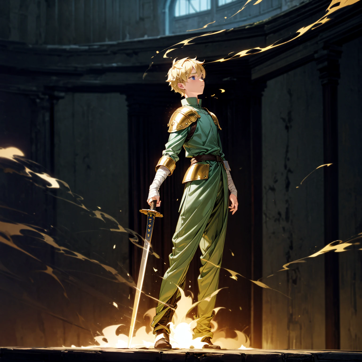 1boy, Full body version, 1character, blue eyes, sad eyes, short haircut, blonde color hair, bandage on head, soldier style outfit, big armors, black Boots, Grassroots, full background indoor building, motion blur, (one piece style art), standing gesture, sword lighting gold in hand, fire effect on sword, smoke effect, fire effect in background, plasma effect, light fire, (high angle view, hd, masterpiece)