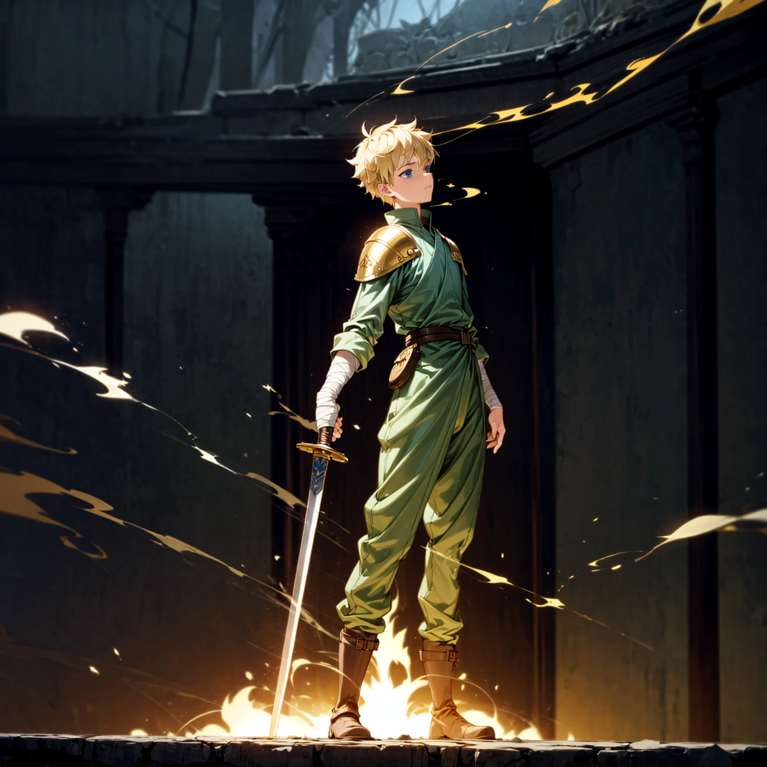 1boy, Full body version, 1character, blue eyes, sad eyes, short haircut, blonde color hair, bandage on head, soldier style outfit, big armors, black Boots, Grassroots, full background indoor building, motion blur, (one piece style art), standing gesture, sword lighting gold in hand, fire effect on sword, smoke effect, fire effect in background, plasma effect, light fire, (high angle view, hd, masterpiece)