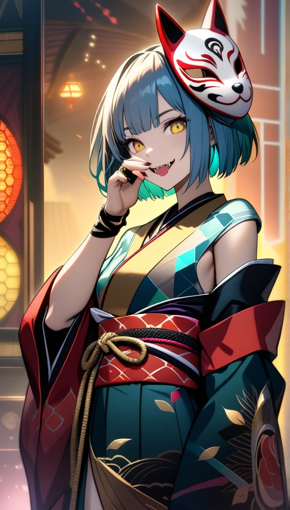32k, best quality, ultra high res, HDR, UHD, extremely detailed CG, unity 32k wallpaper, a colorful Japanese animation style of a woman with short hair holding a half-removed fox mask in her hand. The skull mask is golden and designed to cover the upper half of her face. She is dressed in a kimono with cyberpunk elements integrated into the design. Her right hand is near her mouth, with two rings attached to chains on her fingers. She has a mischievous smile, revealing fangs. The background features a stained glass pattern with traditional Japanese motifs.