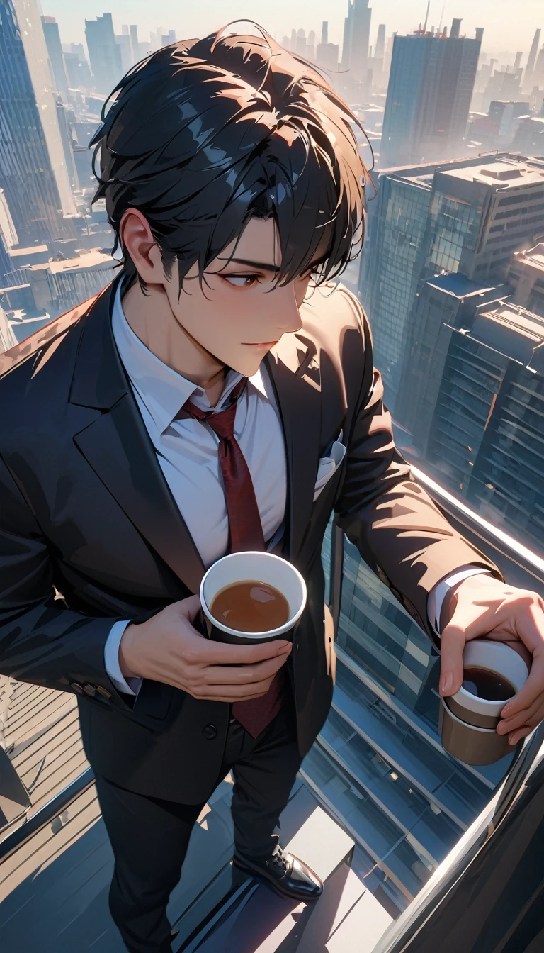 modern, Verism, masterpiece, textured skin, super detail, best quality, 4K , A man with short black hair is standing on the rooftop of an office building, holding a cup of coffee in one hand. Surrounding him are other tall buildings, and the weather is clear and sunny.