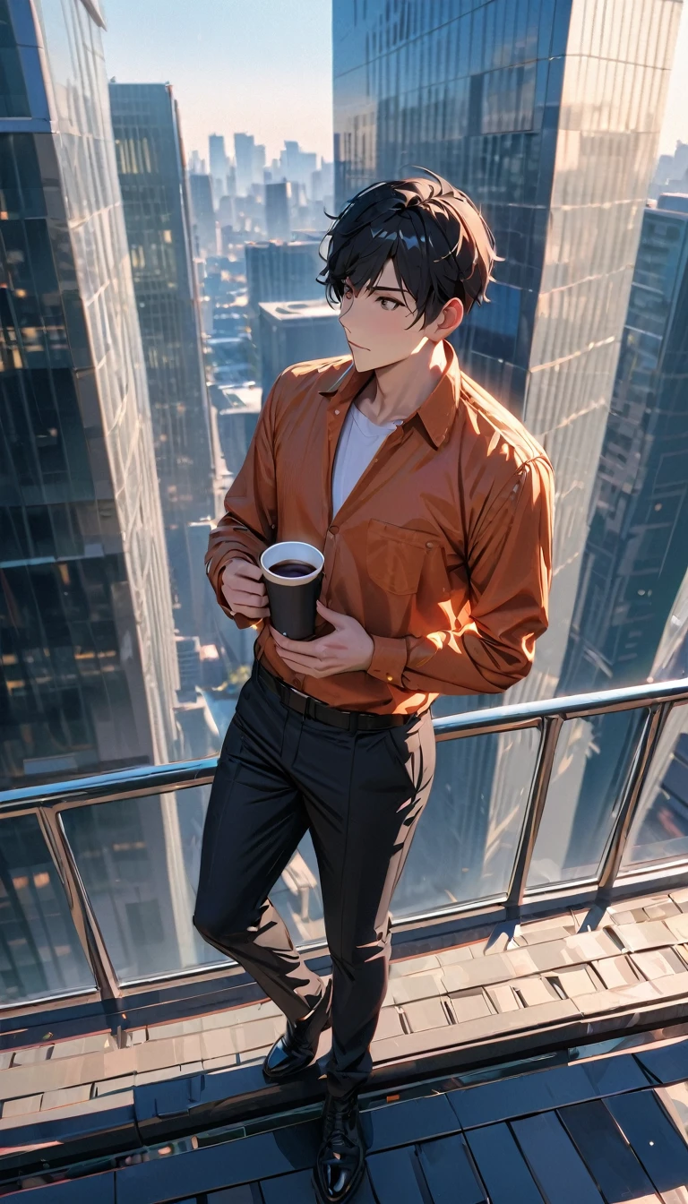 modern, Verism, masterpiece, textured skin, super detail, best quality, 4K , 　A  man with short black hair is standing on the rooftop of an office building, holding a cup of coffee in one hand. Surrounding him are other tall buildings, and the weather is clear and sunny.

