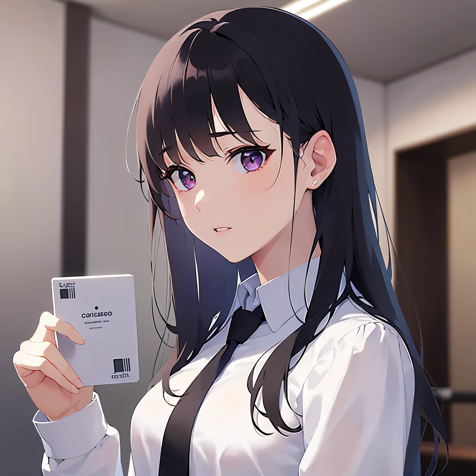 holding a document, Biologically correct five fingers、Upper Body, Realistic, real person, (pale skin: 1.2), RAW photo, photorealistic, shiny skin, shiny hair、(A 25-year-old woman with straight hair and bangs) and (medium hair) and (black hair) and (purple eyes) , (business suit:1.5) and (white collared shirt)、expressionless, The background is the office、Alone、Are standing