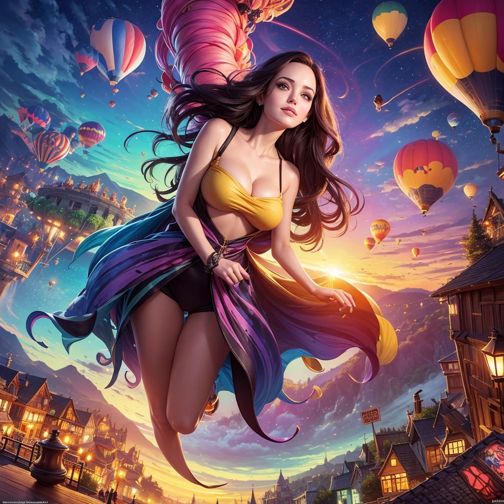 a painting of gigantic woman's head with face of Winona Ryder morphed with Angelina Jolie with colorful hair in a shape of tree and lianas, a neck growing out of the ground, dalightful smile, a city skyline, hot air balloons, flying bulbs and plant trees in the air, beeple and jeremiah ketner, dan mumford tom bagshaw, colorfull digital fantasy art, inspired by Cyril Rolando, inspiring digital art, colorful digital painting, paint splashes, paint driping, gorgeous digital art, beautiful art uhd 4 k, stunning digital illustration, vibrant digital painting, stylized digital art