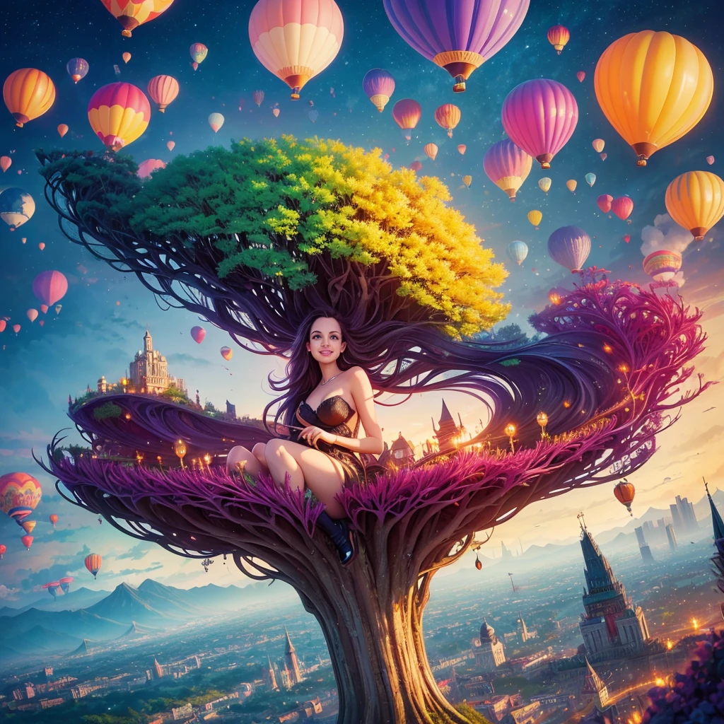 a painting of gigantic woman's head with face of Winona Ryder morphed with Angelina Jolie with colorful hair in a shape of tree and lianas, a neck growing out of the ground, dalightful smile, a city skyline, hot air balloons, flying bulbs and plant trees in the air, beeple and jeremiah ketner, dan mumford tom bagshaw, colorfull digital fantasy art, inspired by Cyril Rolando, inspiring digital art, colorful digital painting, paint splashes, paint driping, gorgeous digital art, beautiful art uhd 4 k, stunning digital illustration, vibrant digital painting, stylized digital art