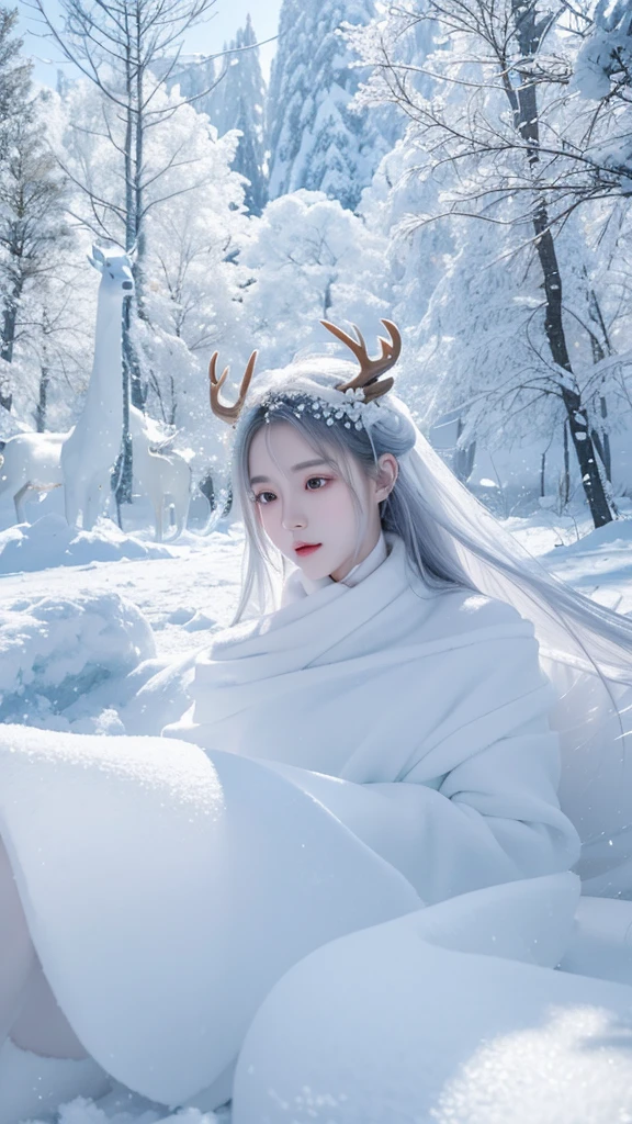 The ice and snow deer that entered with ease, The pure white body was aware of a wonderland of ice and snow., Yan Jun turned into the wind., Breathing white air into the transparent air, and ethereal trees combine to form a dreamy scene., High quality CG shows beautiful images., Yue Xiaofei's character design is perfect and exquisite., The curves are amazing., And the whole scene is like a distant world under the depth-of-field effect..