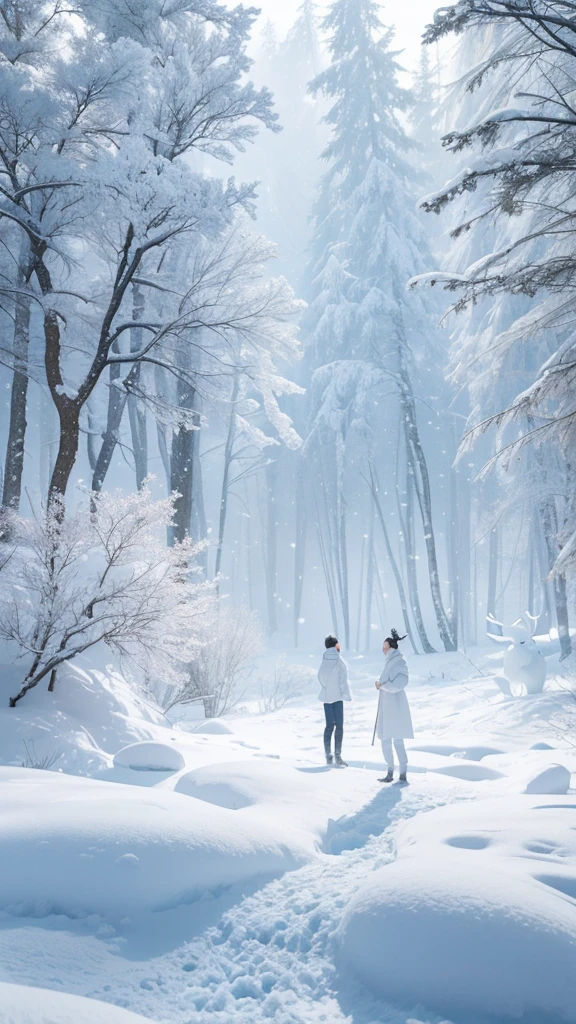 The ice and snow deer that entered with ease, The pure white body was aware of a wonderland of ice and snow., Yan Jun turned into the wind., Breathing white air into the transparent air, and ethereal trees combine to form a dreamy scene., High quality CG shows beautiful images., Yue Xiaofei's character design is perfect and exquisite., The curves are amazing., And the whole scene is like a distant world under the depth-of-field effect..