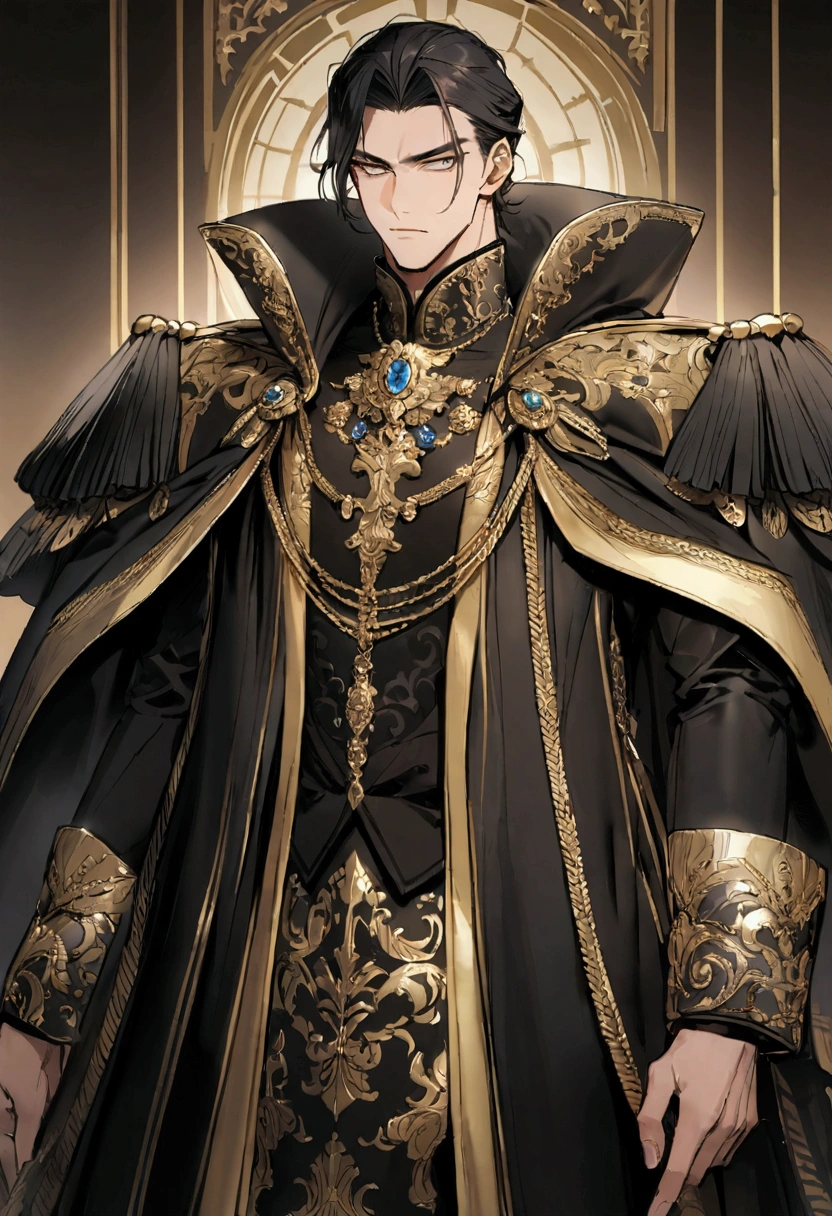 The Emperor was still very young with a cold and intimidating gaze, very handsome and charming, dressed in rich black and gold elegant clothes,  