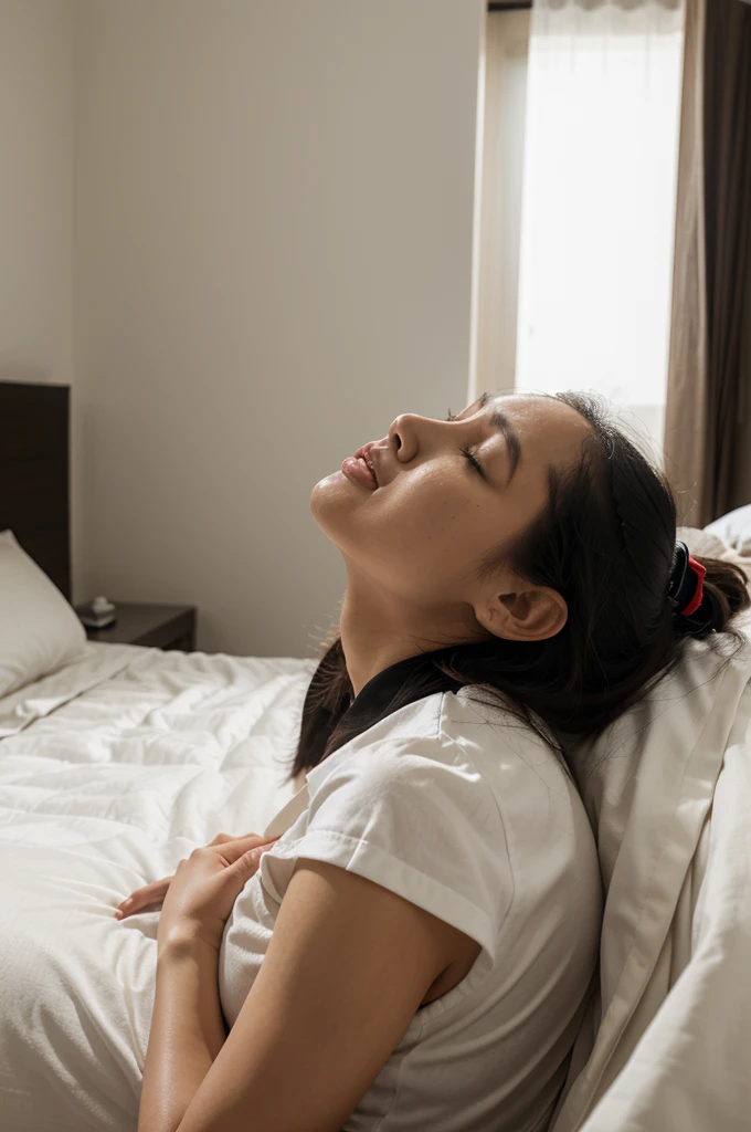 Long shot : indonesian woman an expression of opened his mouth slightly
while closing her eyes, furrowed his eyebrows, (face facing upwards), wear white brallete, (lie the back on the bed), wear short black skirt, detail bed, detail bedroom, detail background, small breast