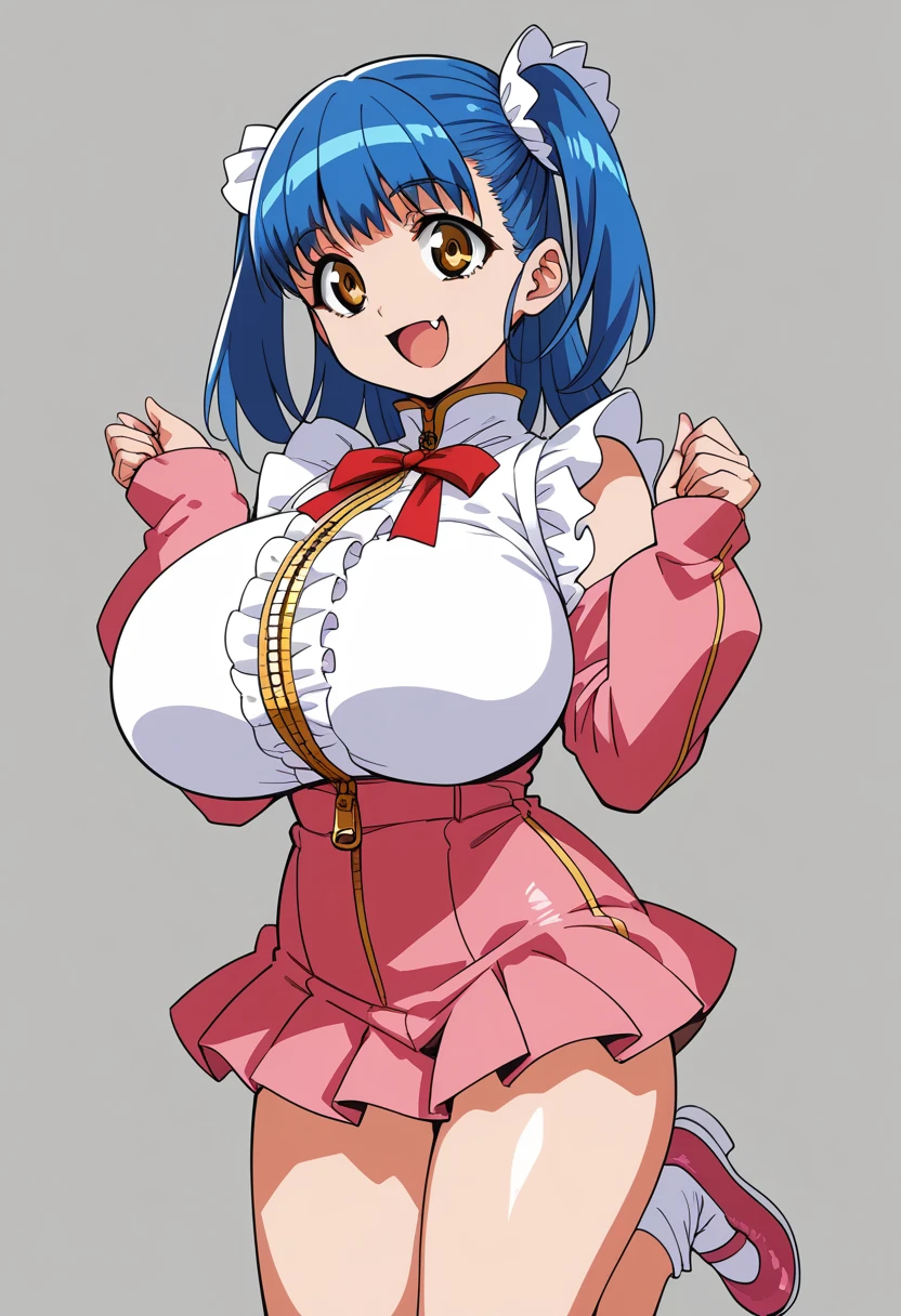 (Tuile(gravion),huge breasts,blue hair,yerrow eyes,twintail,two side up),(tuck out,white shirt,pink line,white frill,red ribbon,red waist ribbon,gold zipper,gold bottun,pink mini skirt,Pink sleeves,Pink Shoes、white frill wrist,White socks),smile,open mouth,fang,cowboy shot