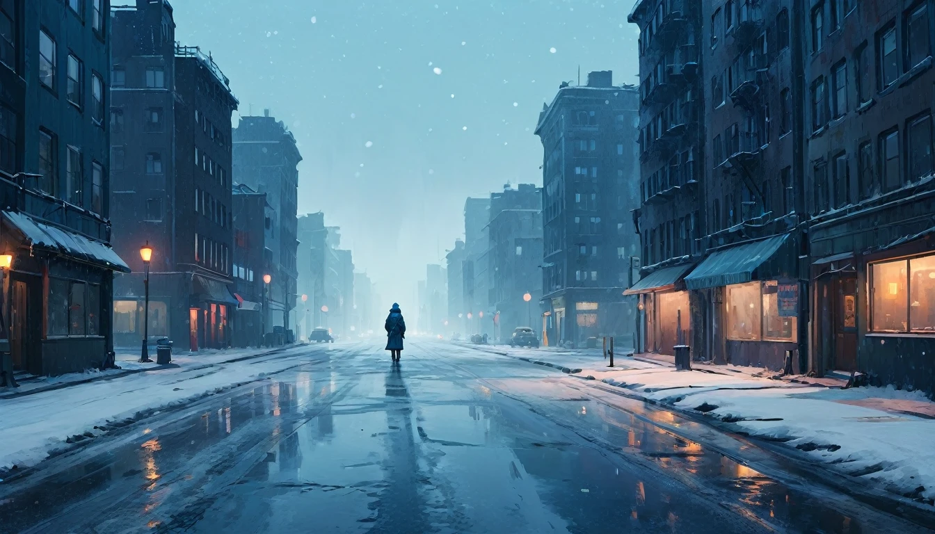 a person standing on a snowy road in the city, expansive, long shot, aesthetic photography, low brightness, dim, blue color pallette, snow particles, bokeh, wallpaper, highest quality, masterpiece, high definition painterly textures, inspired by artstation art and Simon Stalenhag's oil paint artstyle. Somber, highly detailed, absolutely breathtaking, dynamic angle, dutch angle, 
