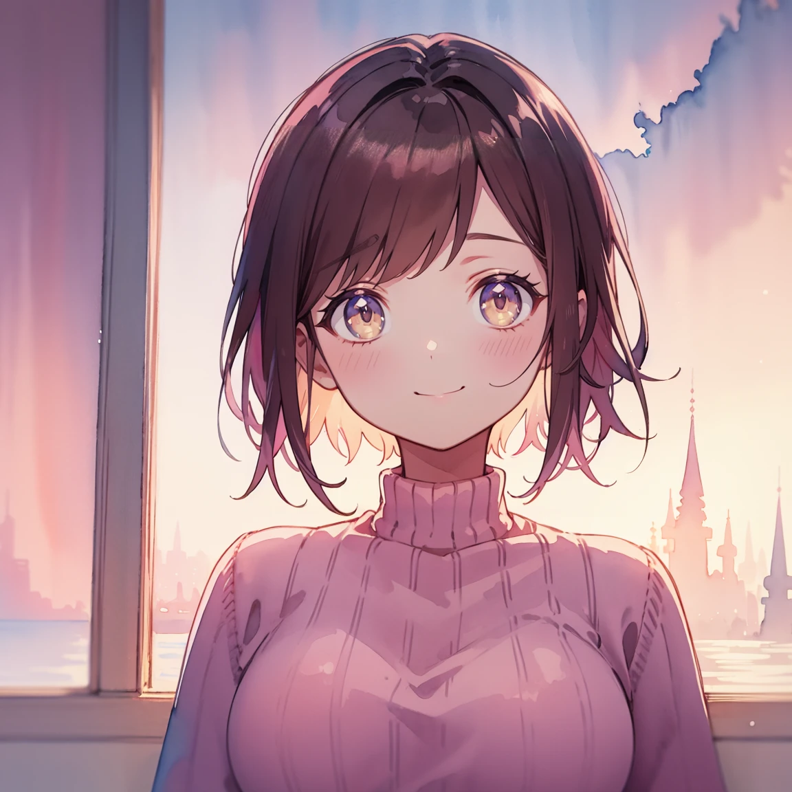 masterpiece, high quality, ((watercolor)), Soft colors, breast enhancement, Portrait, Dark brown hair, Straight very short hair, Bright and gentle smile, Pale pink sweater, Private Server, Big dark eyes, Pastel yellow and pink light, watercolor風の背景, Dreamy atmosphere, No sharp lines, Warm atmosphere, cute, A delicate touch, mysterious, Calm colors
