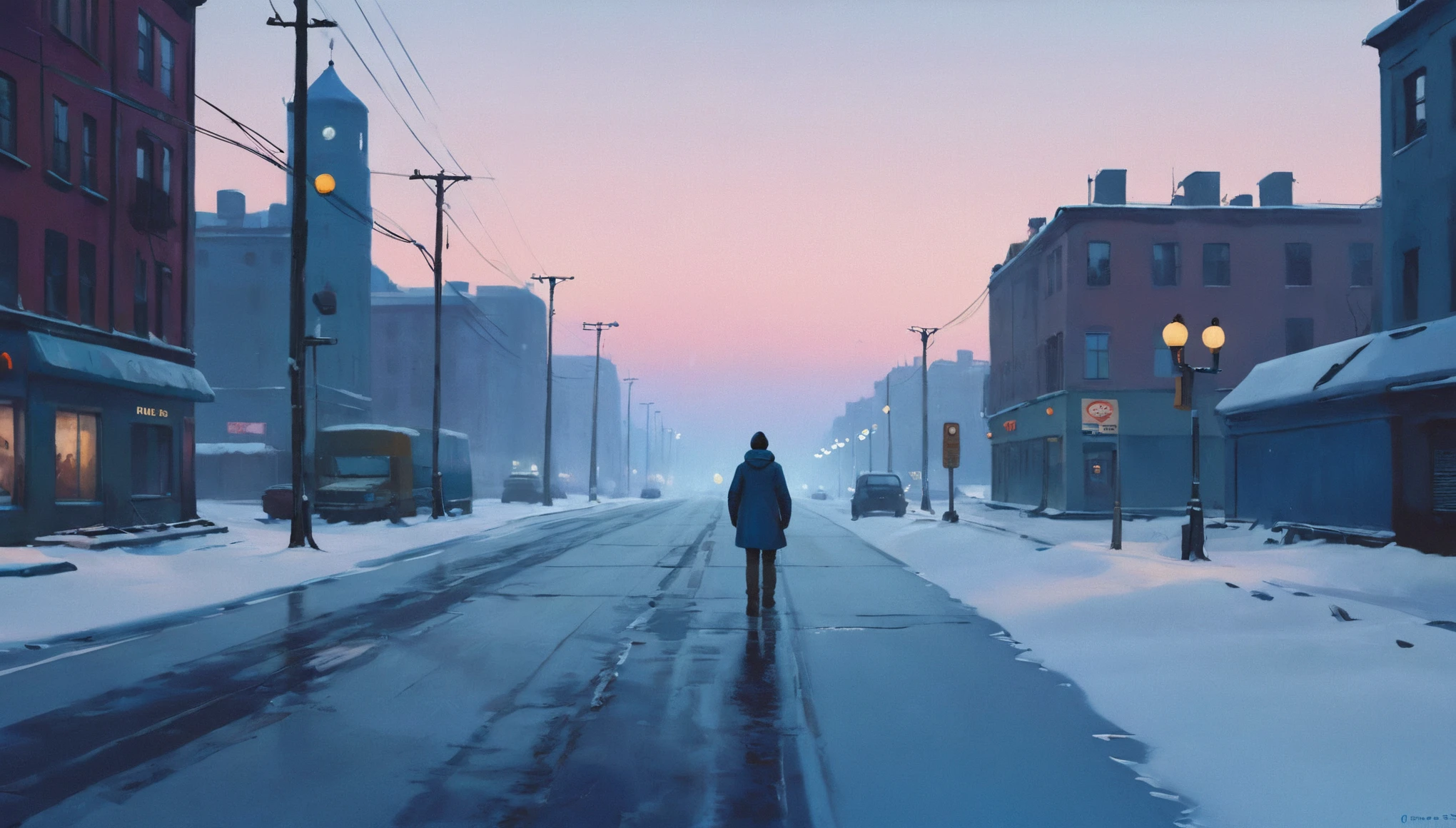 a person standing on a snowy road in the city, expansive, long shot, aesthetic photography, low brightness, dim, blue color pallette, snow particles, bokeh, wallpaper, highest quality, masterpiece, high definition painterly textures, ispired by artstation art and Simon Stalenhag's oil paint artstyle. Somber, highly detailed, absolutely breathtaking
