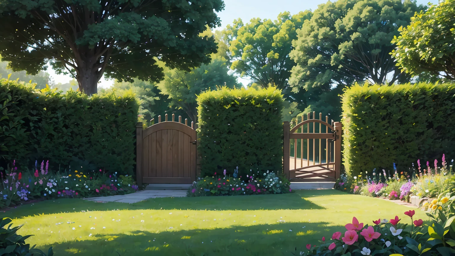 there is a green lawn with a gate and flowers in the middle, lush garden in the background, with a lush grass lawn, lush lawn, garden landscape, beautiful garden on background, garden environment, lush garden surroundings, pastoral backyard setting, parks and gardens, garden with flowers, lush and green, beautiful english garden, garden background, lawn, vibrant greenery outside, beautiful garden