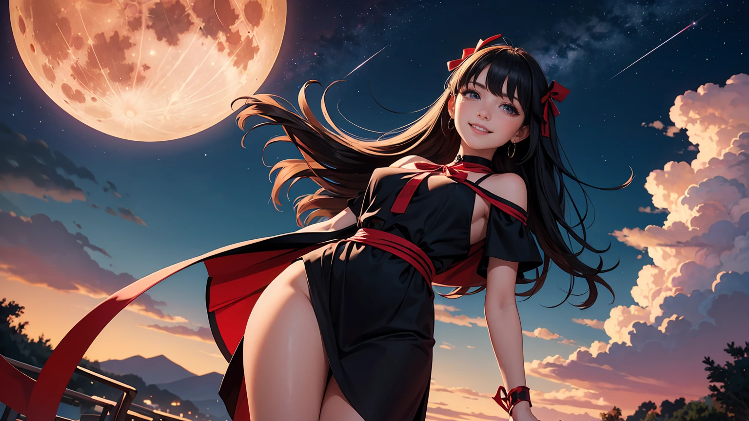 masterpiece, best quality, detailed, 1girl, solo, night sky, outdoors, full moon, stars, clouds, night,, dark sakura, (black dress), long hair, evil smile, red ribbon, striped, thighs