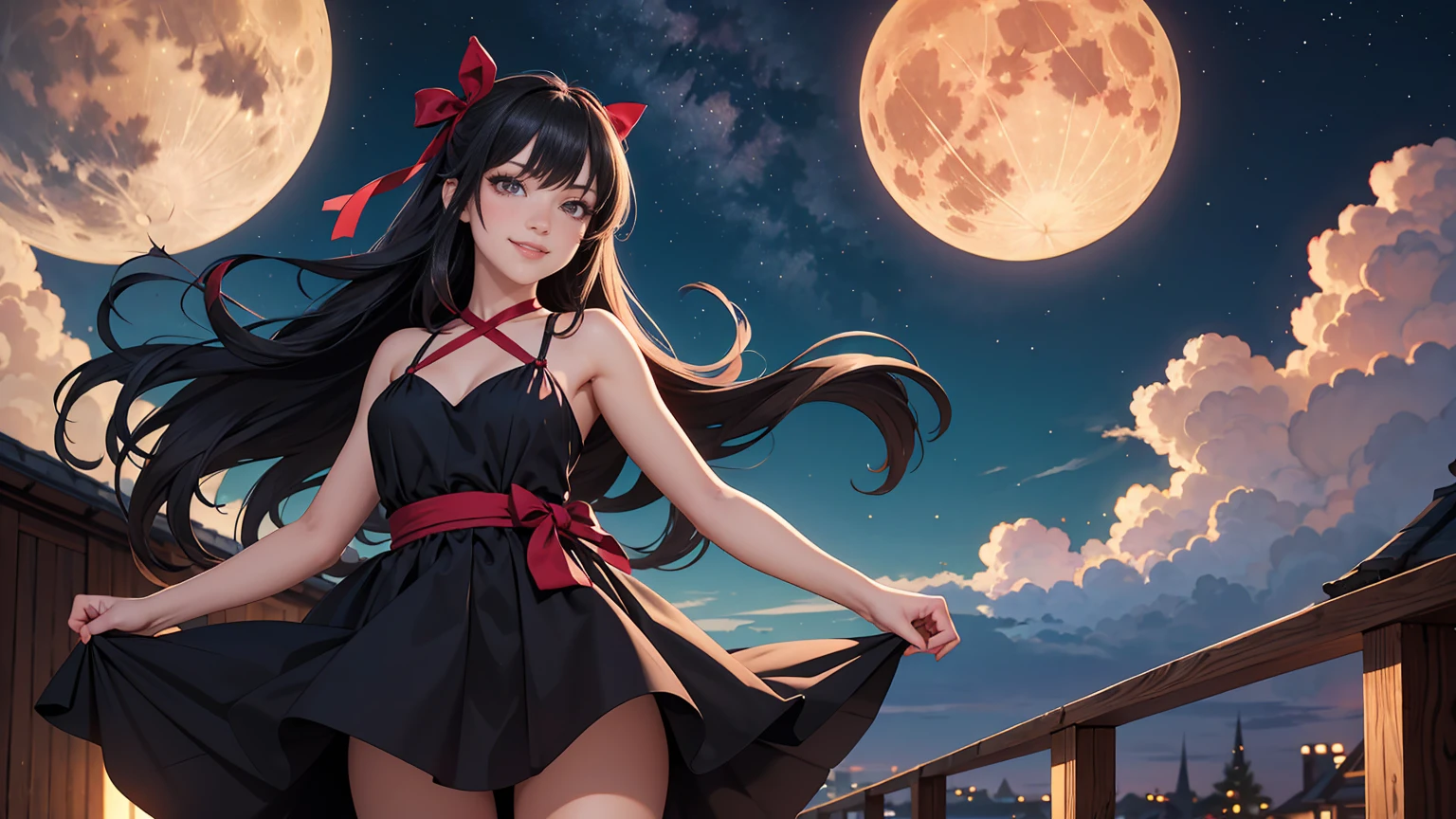 masterpiece, best quality, detailed, 1girl, solo, night sky, outdoors, full moon, stars, clouds, night,,  dark sakura, (black dress), long hair, evil smile, red ribbon, striped, thighs