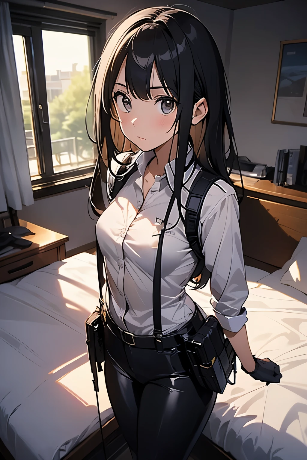 1 female, , high quality, masterpiece, Ultra-high resolution, , Cinema Lighting, , , And the suspenders with the cranes flying Moderate breasts Small face holster Lying in bed Looking up Sweat belt summer 脇Sweat Black Hole Gloves suit shirt Black jacket Black trousers Leg Links ズボンにbelt holster Hands behind your back Anxious expression Looking up Anxious face, legs apart