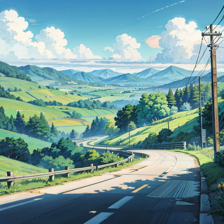 a painting of distant mountains and forest in the backdrop with lush green hills, anime countryside landscape, makoto shinkai. high detail, by Kaii Higashiyama, anime landscape, anime landscape wallpaper, by makoto shinkai, by Makoto Shinkai, anime. by makoto shinkai, hd anime country scape, anime scenery concept art, anime scenery, style of makoto shinkai, makoto shinkai art style, anime. by makoto shinkai, by Makoto Shinkai, by makoto shinkai, anime scenery, kyoto animation, 4k hd, beautiful art uhd 4 k, a beautiful artwork illustration, beautiful digital painting, highly detailed digital painting, beautiful digital artwork, detailed painting 4 k, very detailed digital painting, rich picturesque colors, gorgeous digital painting, saturated, no human
