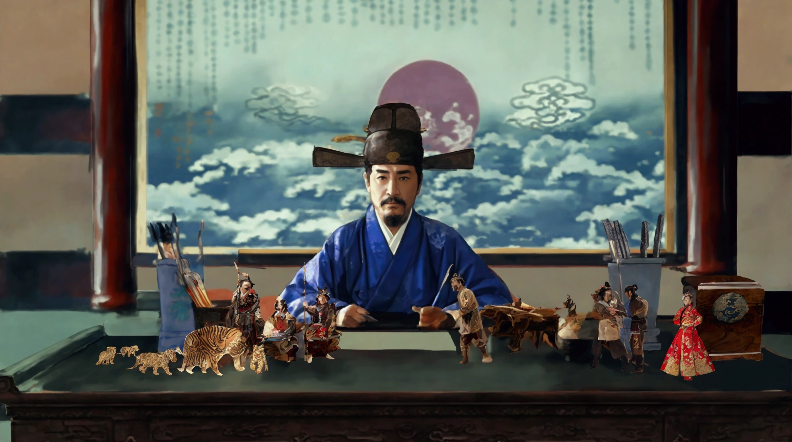 Arav man in blue kimono sitting at the table,There are many small statues on the table, from three kingdoms, inspired Emperor Xuande, Korean Artist, Yoshitoshi Abe (Yoshitoshi Abe) of inspiration, Korean mythology, daoshi, feudal japan art, Zheng Shangxiu, Hong Soon-sang, drama, from me, Emperor Xuande, Promotional image