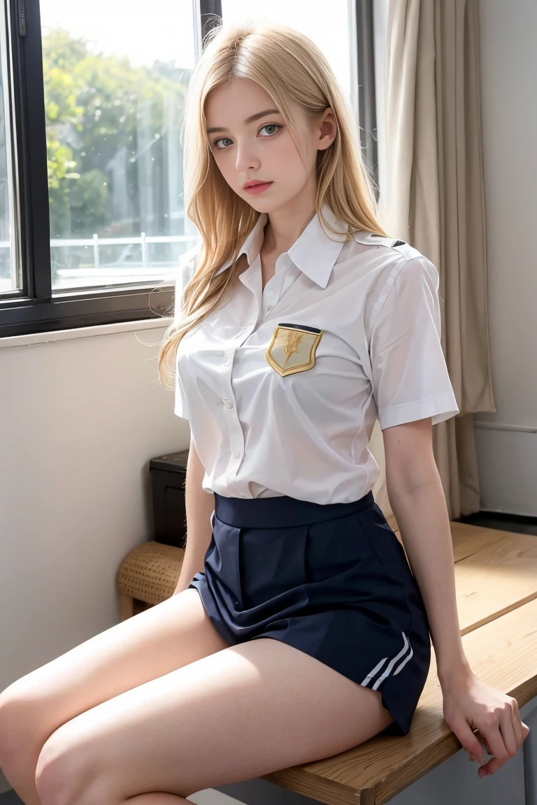 une femmes blonde de 18 ans sexy et mince , short sleeve uniform de sport, salle de classe, se touche,position sey,sensuel