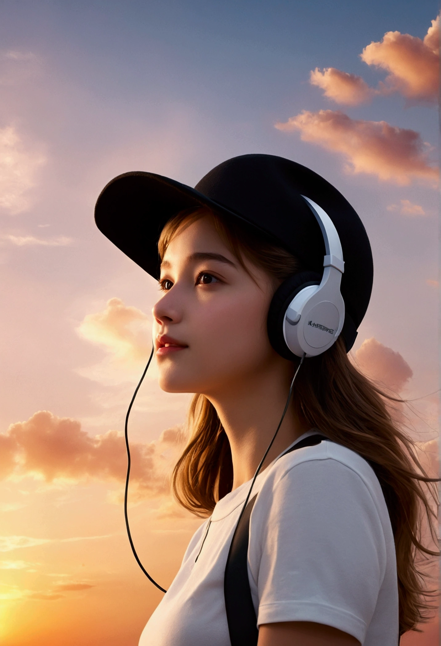 masterpiece, Highest quality, Movie stills, 1 girl, Cloud Girl, Black Hat,headphone,Floating in the sky, close, bright, Happy, Warm and soft lighting, sunset, (spark:0.7)