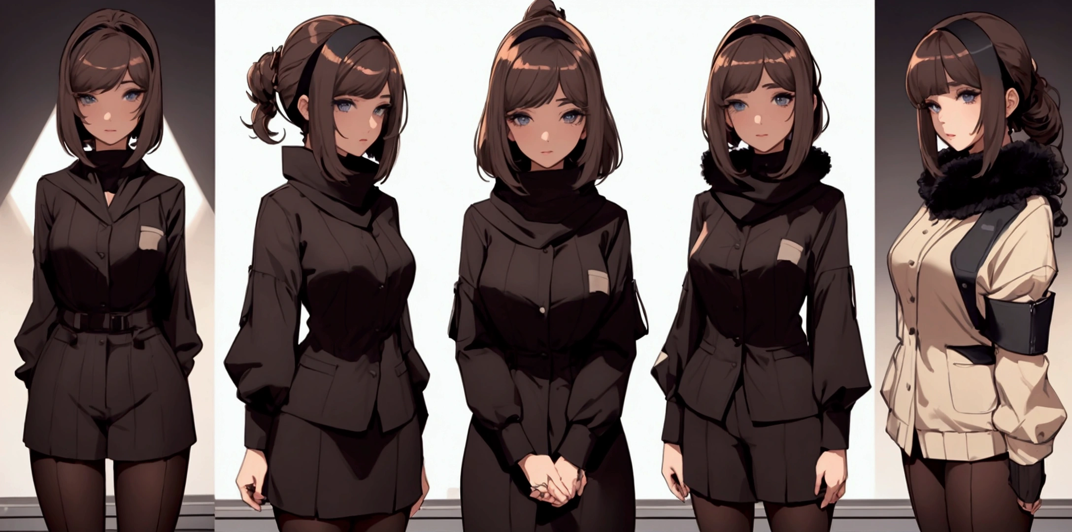 masterpiece), best quality, high resolution 3girl bob cut medium hair standing alone cowl headband profile image looking at viewer beautiful eyes beautiful face extremely detailed
