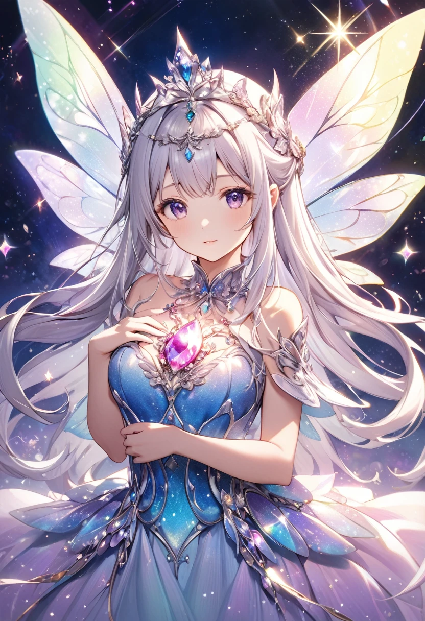 A beautiful fairy girl with long silver hair, jeweled wings, a jeweled tiara on her head, wearing sparkling fairy clothes, holding a large jewel in front of her chest, a delicate and fantastical background, sparkling hair, fantastical, 1 person