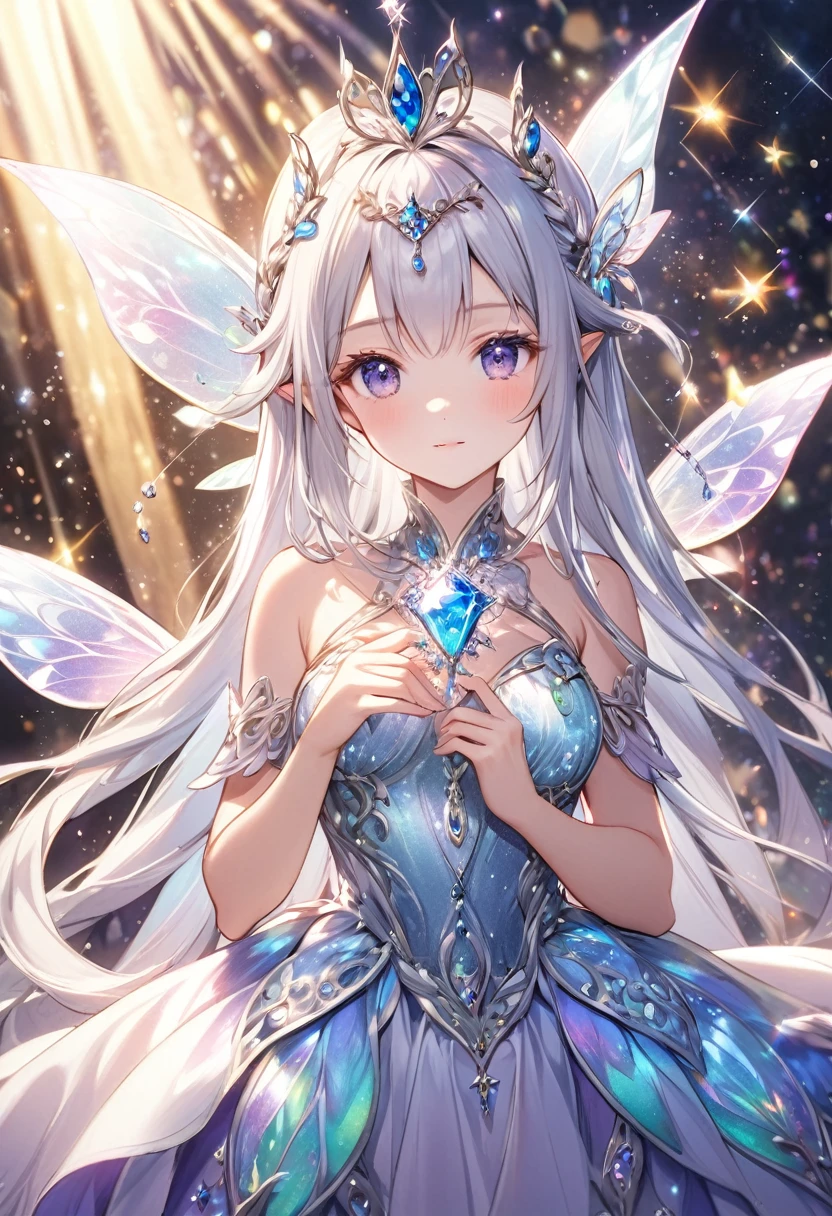 A beautiful fairy girl with long silver hair, jeweled wings, a jeweled tiara on her head, wearing sparkling fairy clothes, holding a large jewel in front of her chest, a delicate and fantastical background, sparkling hair, fantastical, 1 person