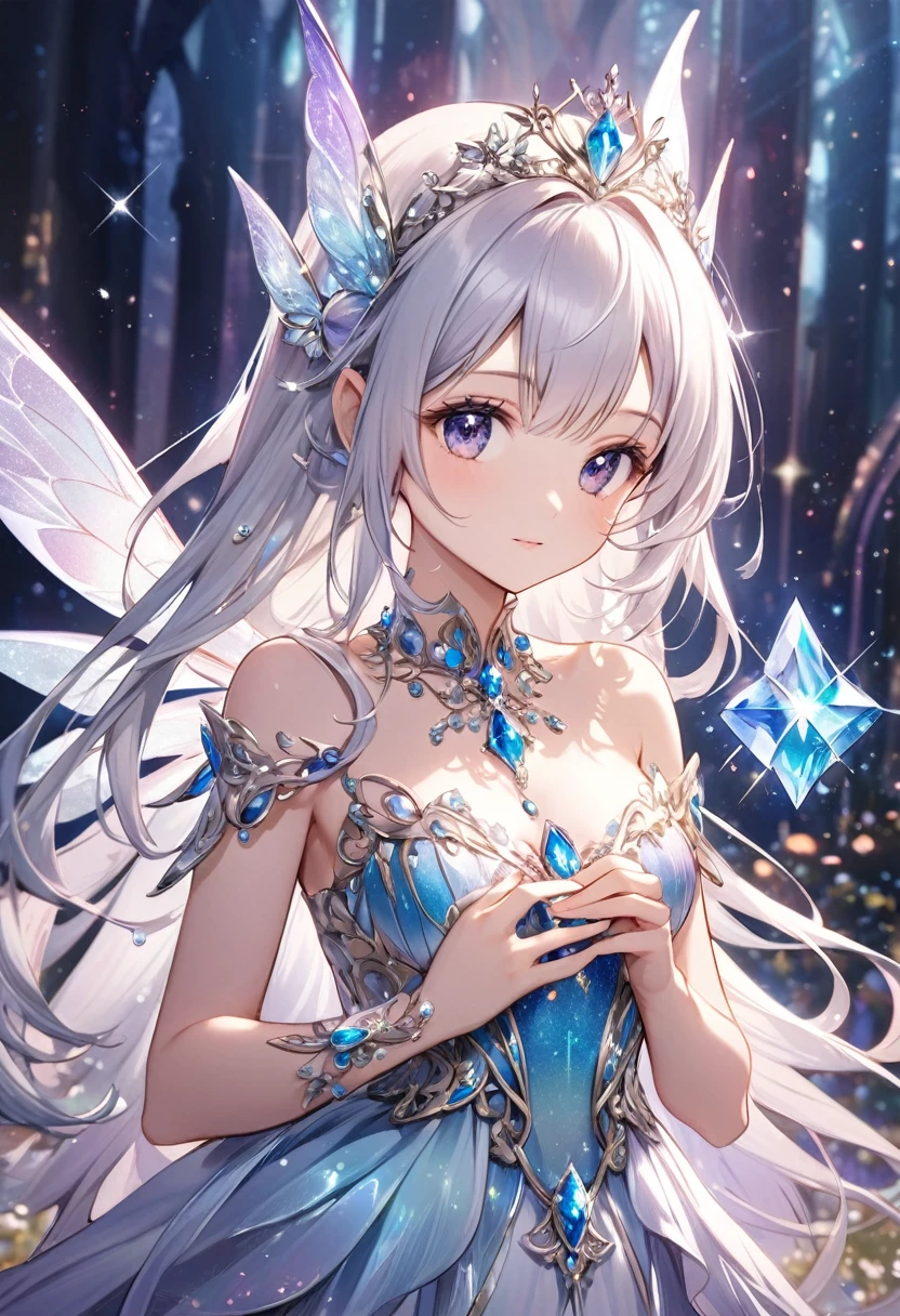 A beautiful jewel fairy girl with long silver hair, jeweled wings, a jeweled tiara on her head, wearing sparkling fairy clothes, holding a large jewel in front of her chest, delicate and fantastical background, sparkling hair, fantastical, one person, light blue eyes
