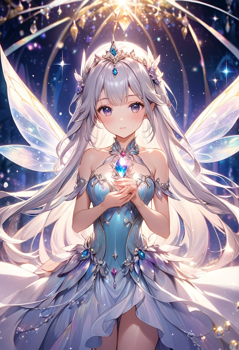 A beautiful fairy girl with long silver hair, jeweled wings, a jeweled tiara on her head, wearing sparkling fairy clothes, holding a large jewel in front of her chest, a delicate and fantastical background, sparkling hair, fantastical, 1 person